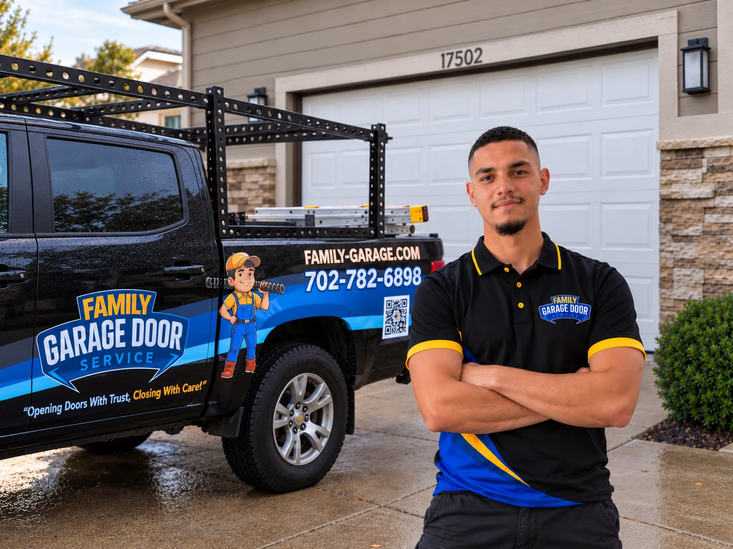 Deontra in a Family Garage Door Service uniform beside the Colorado service truck