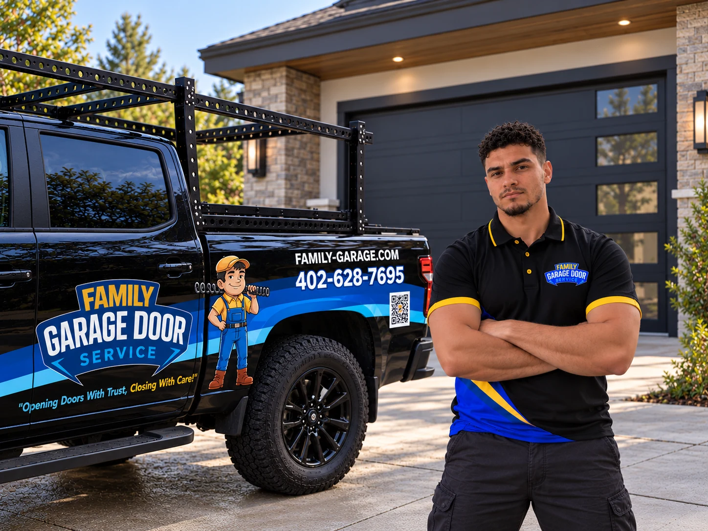 Devonte in a Family Garage Door Service uniform beside the Nebraska service truck